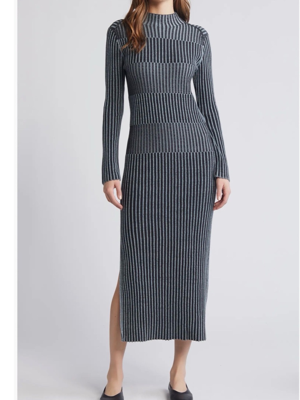 COS Striped Ribbed Long-Sleeve Midi Dress in Charcoal and Light Gray